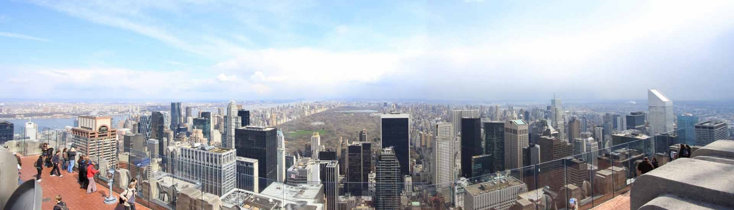 Birdseye view of New York City skyline from rooftop